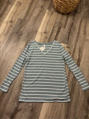 Zenana Slate Blue & White Striped V-Neck Long Sleeve Top